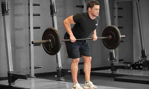 2. Тяга штанги к поясу в наклоне обратным хватом (ладони от себя на грифе, но можно и обычным). 8-10 повторений, 4 подхода.